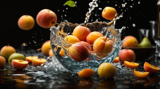 água salpico fruta em um fundo preto vinho damasco e maçã pêssego