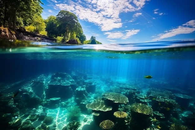 Foto bajo el agua y sobre el agua vibrante vida marina y cielo en un soleado día de verano en la playa de arena