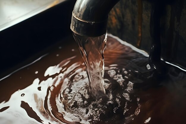 Foto agua sucia y oxidada que fluye de un grifo viejo a un fregadero manchado