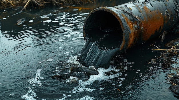 El agua sucia sale de la tubería hacia el río.