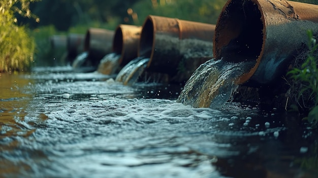 El agua sucia sale de la tubería hacia el río.