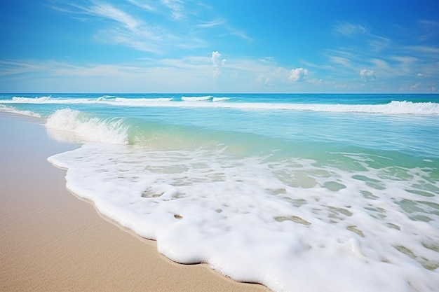 El agua tiene olas que golpean una playa de arena