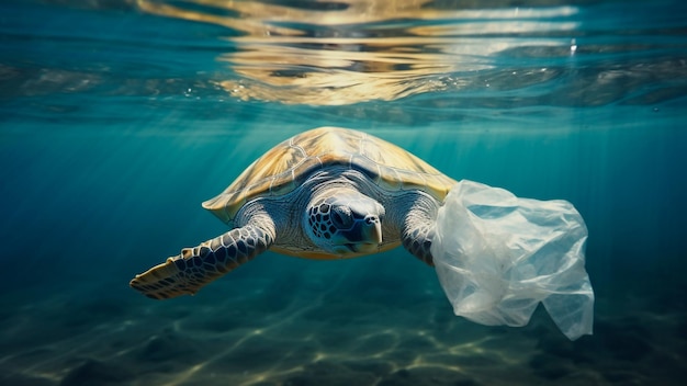 Bajo el agua, una tortuga marina confunde una bolsa de plástico flotante con comida IA generativa