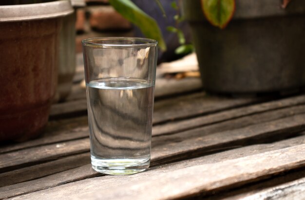 Agua en un vaso sobre un fondo de naturaleza