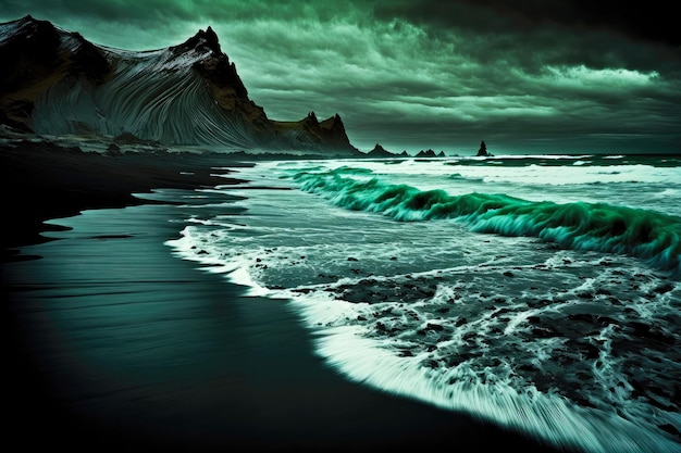 Agua verde oscura del mar frío frente a la playa de islandia