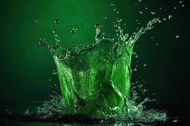 Un agua verde que salpica en un vaso verde