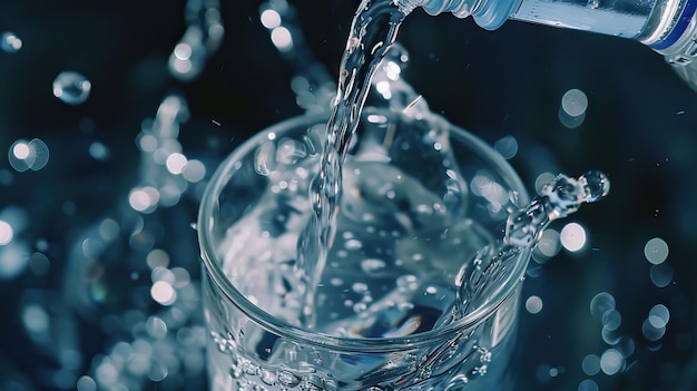 El agua vertida de la botella en el vidrio vista de cerca