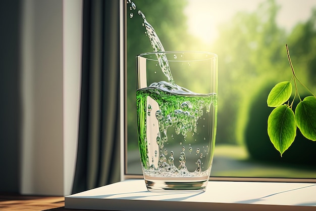 Agua vertida en un vaso en casa contra un fondo verde natural con luz solar sobre una mesa blanca