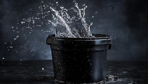 El agua se vierte en un cubo negro vacío con fondo blanco