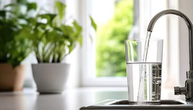 el agua se vierte de un grifo en un vaso sobre un kitc blanco borroso