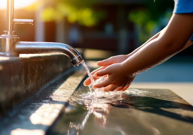 El agua se vierte en el niño dos manos en el fondo de la naturaleza