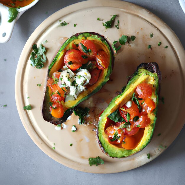 Aguacate asado relleno con tomate, queso de cabra, perejil y aceite de oliva sobre una tabla para cortar