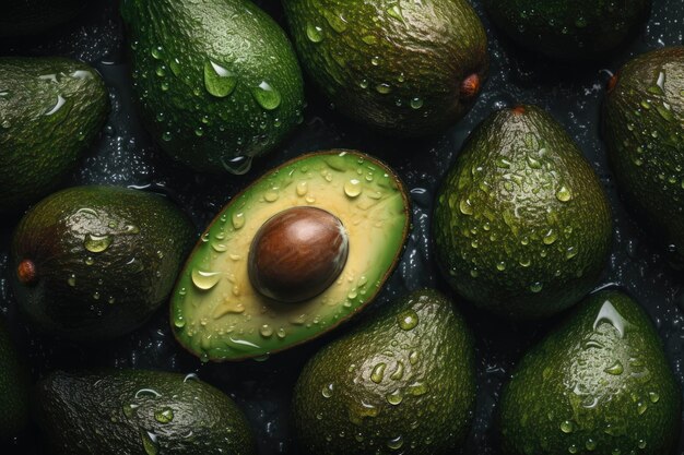 Aguacate fresco adornado con gotas de agua relucientes creadas con tecnología de IA generativa