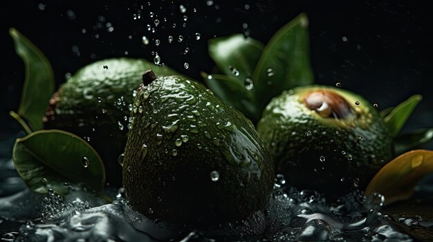 Aguacate fresco golpeado por salpicaduras de agua con fondo negro borroso y ángulo de visión perfecto