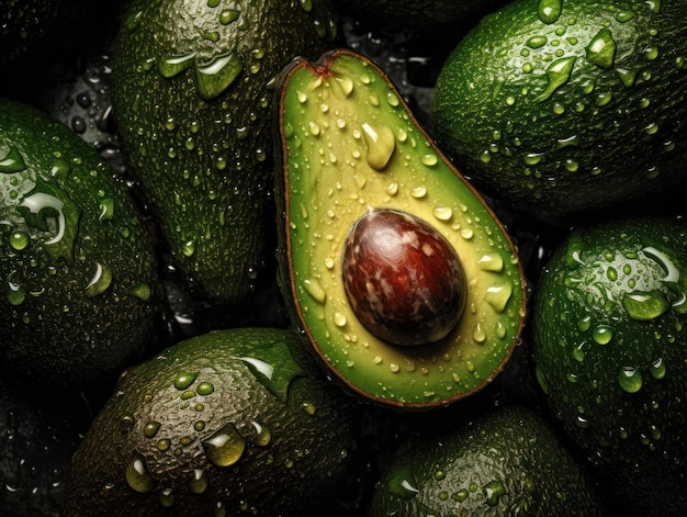 Aguacate fresco con gotas de agua