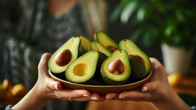 Aguacate fresco en rodajas en la mano de una mujer sobre un plato de madera Concepto de comida vegetariana