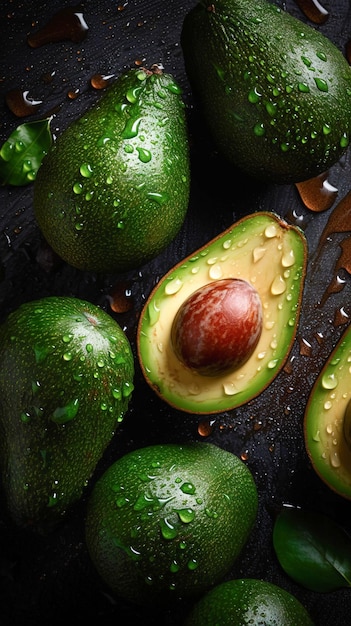 Aguacate con gotas de agua en la parte superior