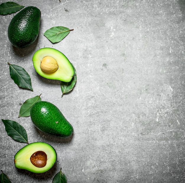 Aguacate y hojas sobre un fondo de piedra.