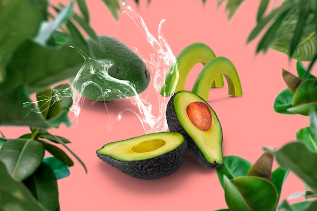aguacate kiwi limón lima uva naranja mango orquídeas flores en amarillo blanco, fruta de fondo