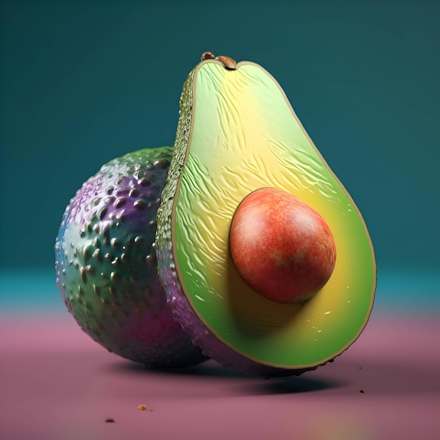 Aguacate y melocotón en una representación 3d de fondo azul