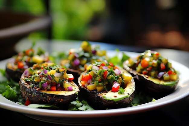 Aguacate a la parrilla con salsa mejor fotografía de barbacoa