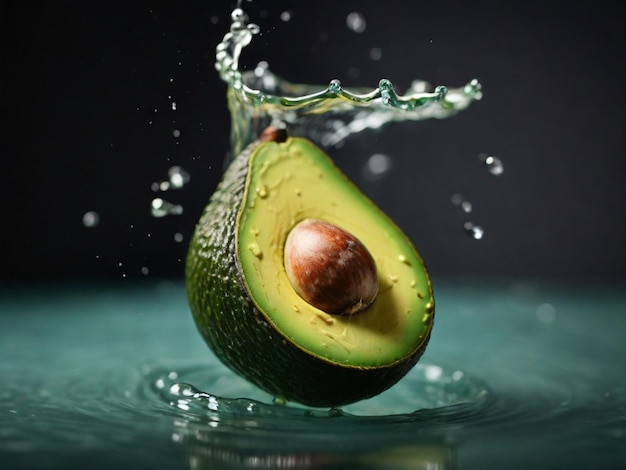 un aguacate con un salto de agua salpicando en el fondo