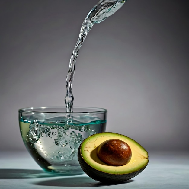 un aguacate siendo vertido en un vaso de agua