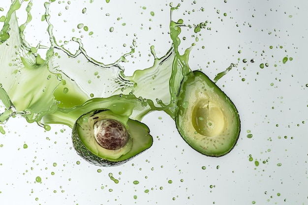 un aguacate verde está siendo lavado en un fondo blanco