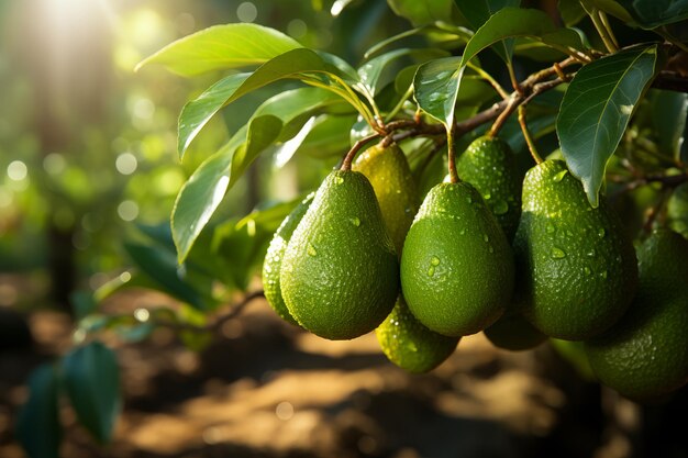 Los aguacates besados por el sol colgando de un árbol