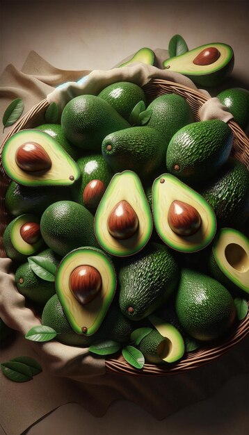 Foto aguacates en una canasta de campo iluminación suave uniforme que imita un natural