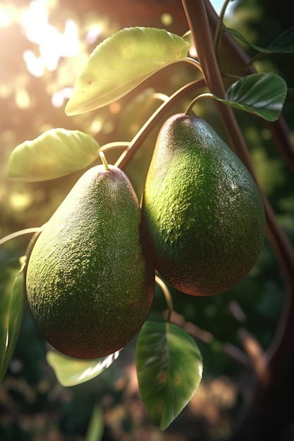 Aguacates colgando creciendo en un árbol closeup