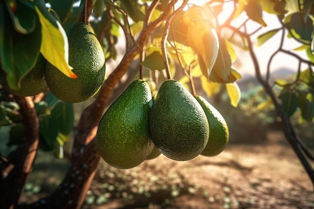 Aguacates colgando creciendo en un árbol closeup