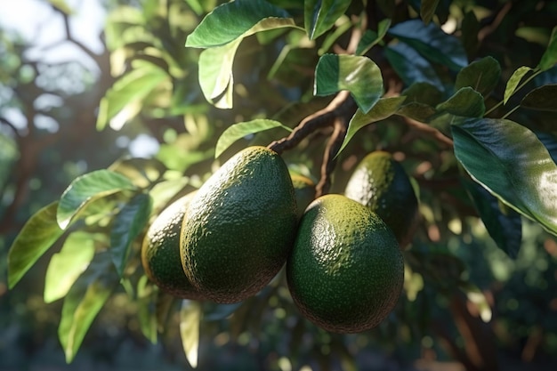 Aguacates colgando creciendo en un árbol closeup