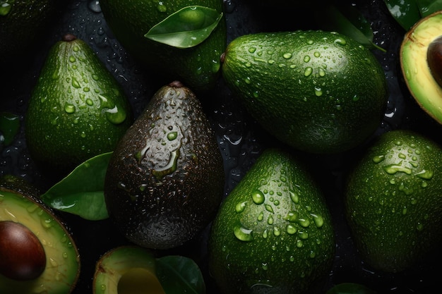 Aguacates frescos con gotas de agua y aceite sobre un fondo oscuro Ilustración fotorrealista IA generativa