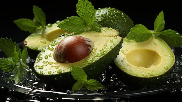 Aguacates frescos con gotas de agua en un fondo oscuro que evocan temas de salud, frescura y cocina natural, excelentes para alimentos y contenido de bienestar