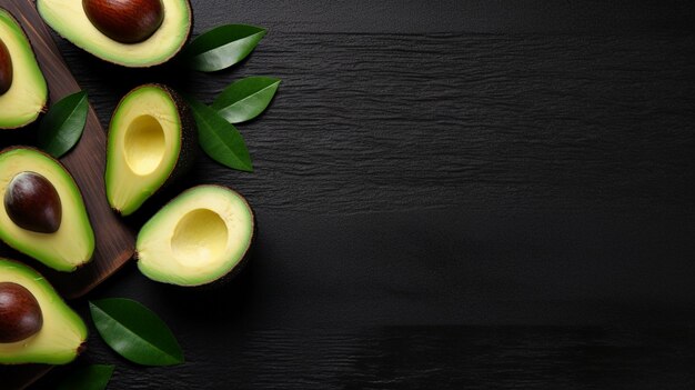 Foto aguacates frescos con hojas sobre un fondo oscuro con espacio para el texto