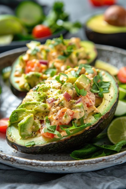 Aguacates rellenos con ensalada de camarón en un plato de cerámica