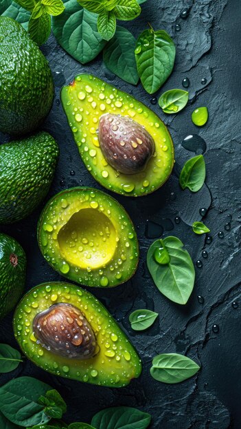 Aguacates en telón de fondo negro con gotas de agua