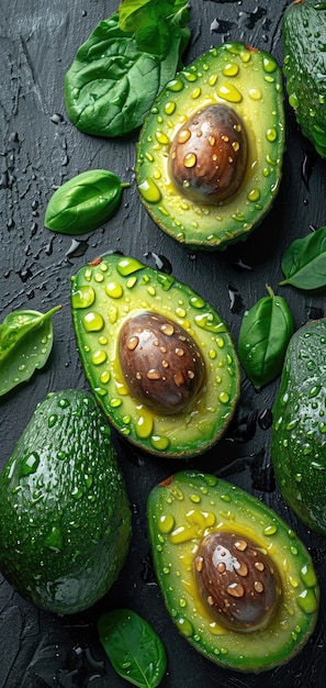 Aguacates en telón de fondo negro con gotas de agua