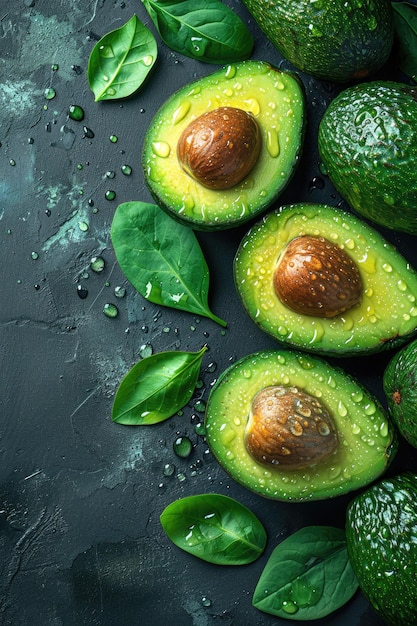 Aguacates en telón de fondo negro con gotas de agua