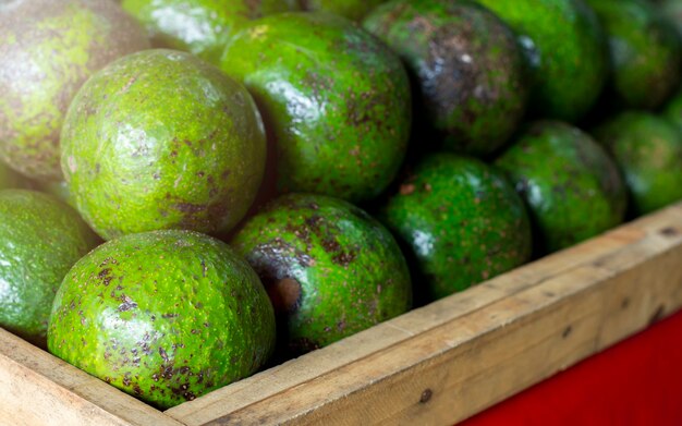 Los aguacates se venden en el mercado. con corteza verde El torso puede ser ovalado o esférico.