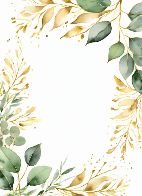 Aguarela hojas de eucalipto de color verde y dorado marco de fondo de diseño de borde
