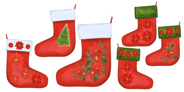 Aguarela de Navidad medias rojas y verdes para regalos con diseño de invierno de poinsettia roja y acebo