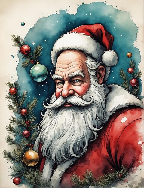 Aguarela de Papá Noel con el árbol festivo 25