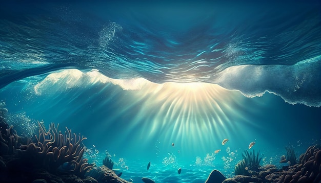 Aguas cristalinas Olas submarinas en el océano con rayos de sol en la isla IA generativa