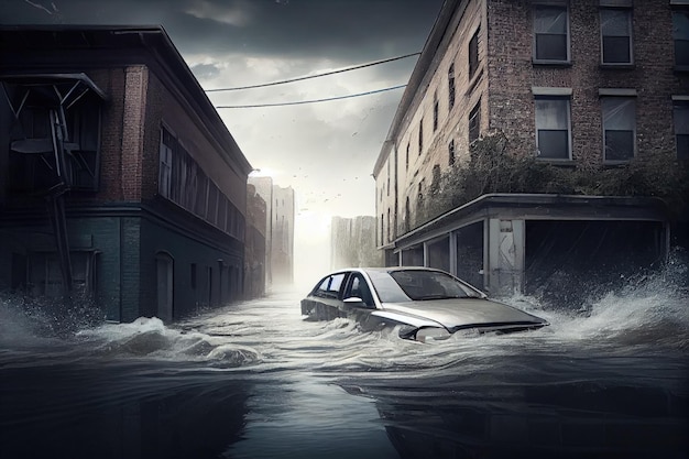 Aguas de inundación que fluyen por la calle y levantan automóviles por encima del suelo Consecuencias de la inundación