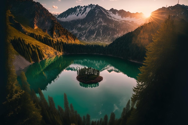 Las aguas del lago Lac Liosons de Suiza están rodeadas de montañas y bosques