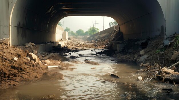 Foto Águas pluviais contaminadas num esgoto de cimento à capacidade máxima