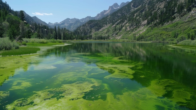 Las aguas una vez claras de un lago de montaña se han vuelto de un verde enfermizo como una infestación de