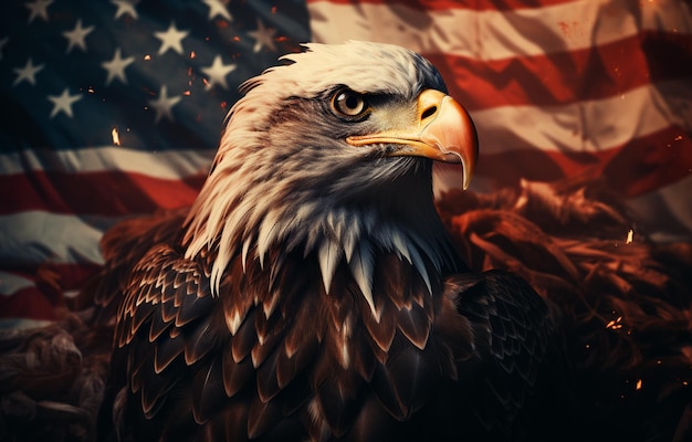 Foto Águia e bandeira bandeira dos estados unidos com águia águia careca americana na frente da bandeira dos estados unidas